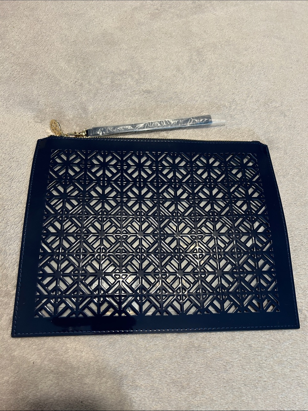 Navy Tory Burch Laser-Cut Wristlet Clutch